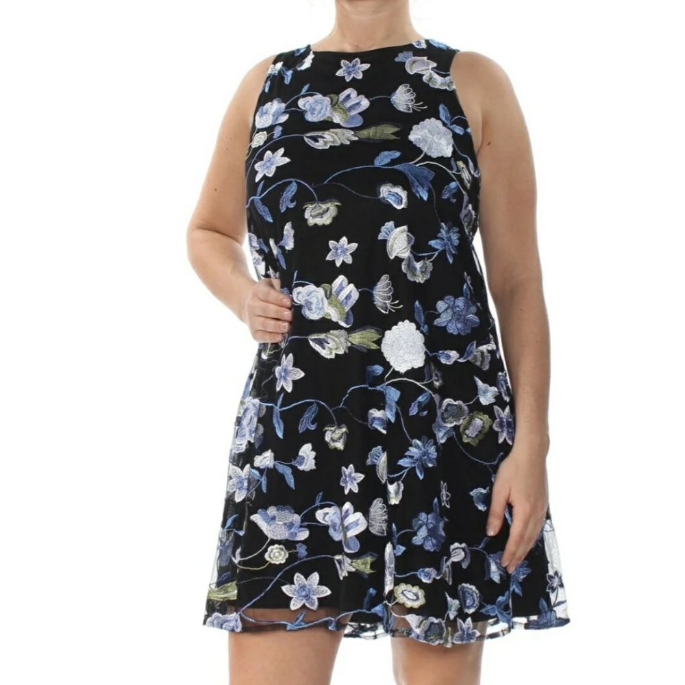 ECI Dress Blue Sheer Floral Mesh Mini Shift New